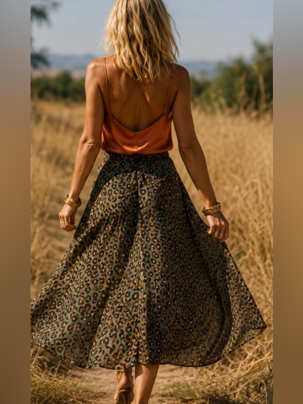 Leopard Print Midi skirt Ruched front and thigh high front slit Olive & Brown